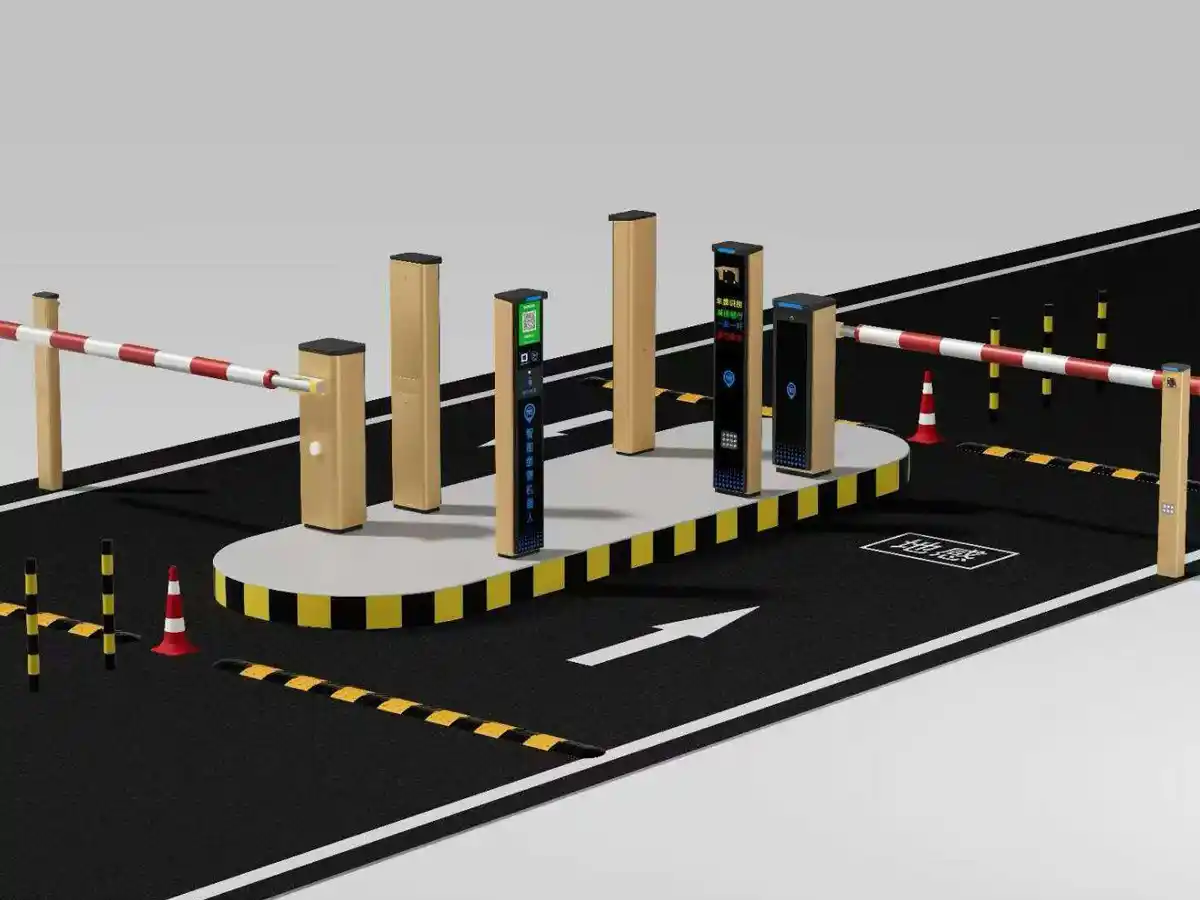 ANPR/LPR parking access control system with barrier gates and payment/control kiosks for automatic vehicle entry and exit management.