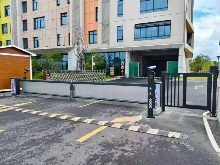 Smart parking entrance with LPR camera and automatic barrier gate, plus a separate pedestrian access gate.