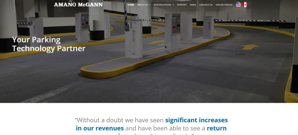 Screenshot of the Amano McGann homepage showing parking access equipment and the headline “Your Parking Technology Partner.”