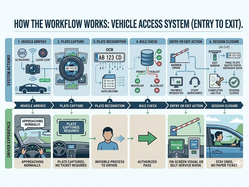 Infographic showing the workflow of a vehicle access system from entry to exit, including vehicle arrival, plate capture, OCR recognition, rule check, barrier action, and session closure.