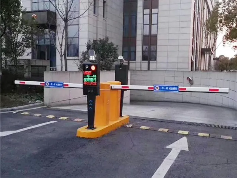 Parking barrier gate system installed at a building entrance for vehicle access control