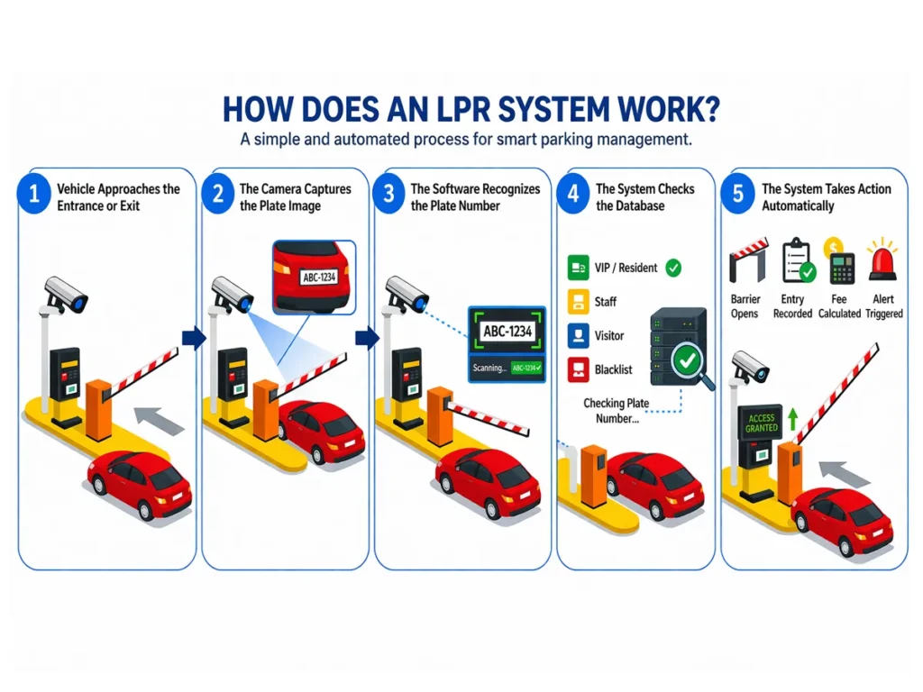 Five-step infographic showing how an LPR parking system works, from vehicle approach and plate capture to database check and automatic barrier opening.