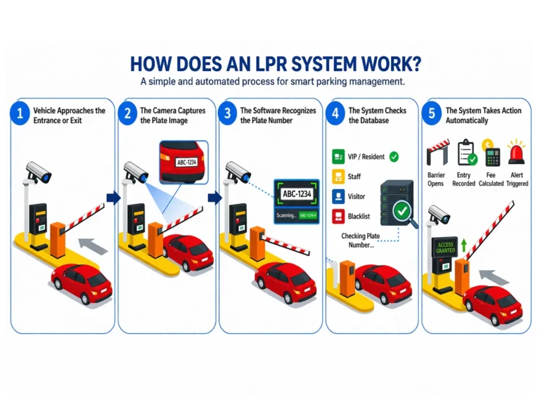 Five-step infographic showing how an LPR parking system works, from vehicle approach and plate capture to database check and automatic barrier opening.