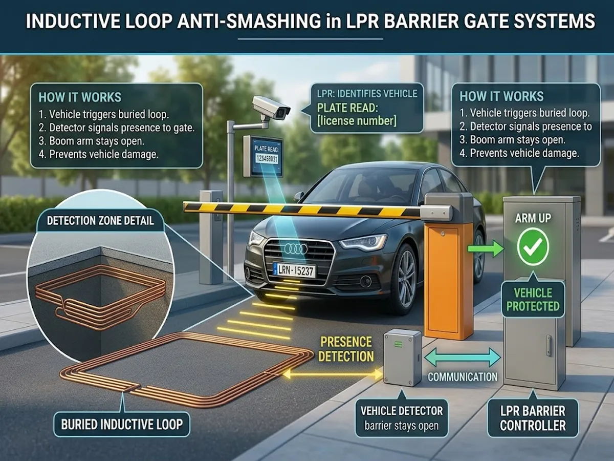 Infographic showing how inductive loop anti-smashing works in an LPR barrier gate system, with a vehicle, LPR camera, buried inductive loop, vehicle detector, and barrier arm staying open for safety.