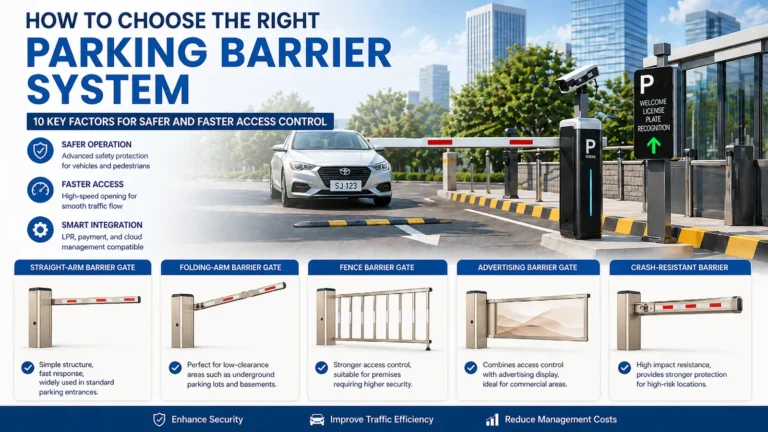 Hero image showing a smart parking barrier system with LPR camera, vehicle license plate SJ 123, straight-arm barrier gate, and five common barrier gate types for safer and faster access control.