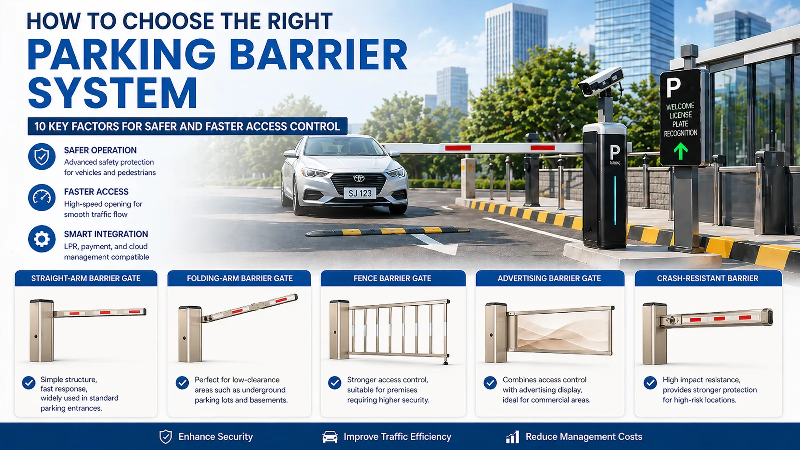 Hero image showing a smart parking barrier system with LPR camera, vehicle license plate SJ 123, straight-arm barrier gate, and five common barrier gate types for safer and faster access control.