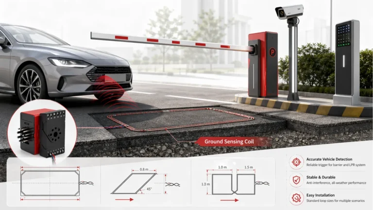 Car approaching an LPR parking barrier with an embedded ground sensing coil, loop detector, camera, and access control equipment.