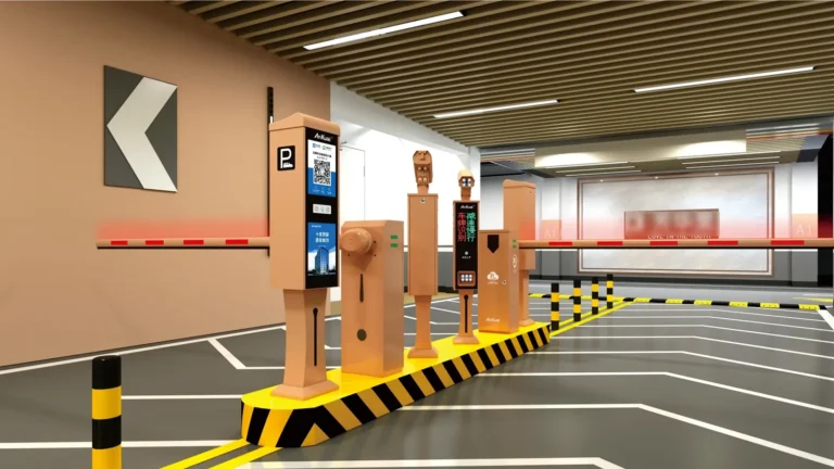 Indoor parking management system with license plate recognition terminals, barrier gates, and QR code payment equipment in a modern underground garage
