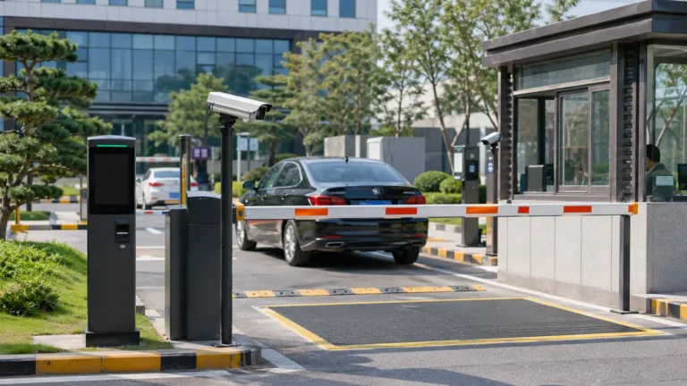 Intelligent parking system installation with barrier gate, LPR camera, control unit, and guard booth at a parking lot entrance