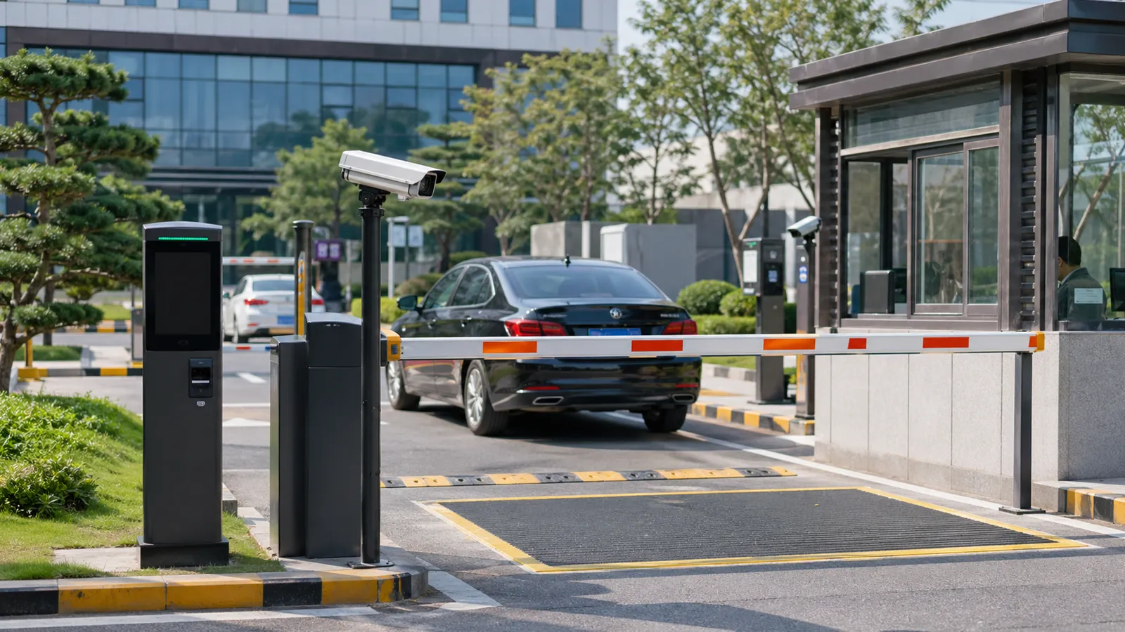 Intelligent parking system installation with barrier gate, LPR camera, control unit, and guard booth at a parking lot entrance
