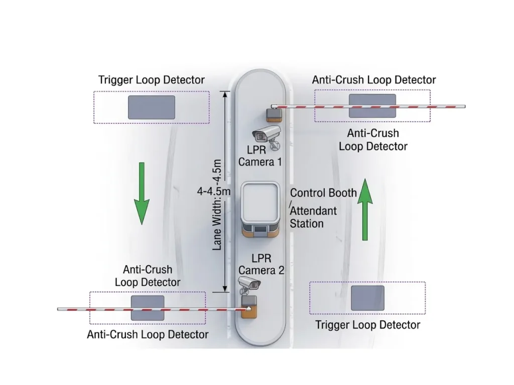 Top-view diagram of an LPR barrier gate system showing trigger loop detectors, anti-smashing loop detectors, LPR cameras, and a control booth layout.