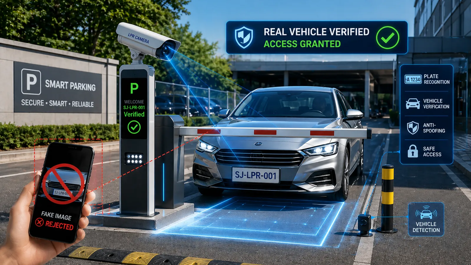 License plate recognition barrier system rejecting a fake mobile phone plate image while verifying a real vehicle in a smart parking lane.