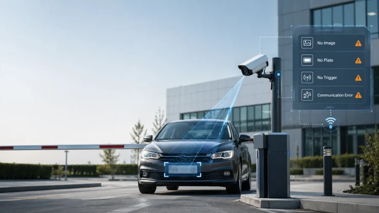 LPR camera scanning a car license plate at a parking lot barrier gate with diagnostic alerts for no image, no plate, no trigger, and communication error.