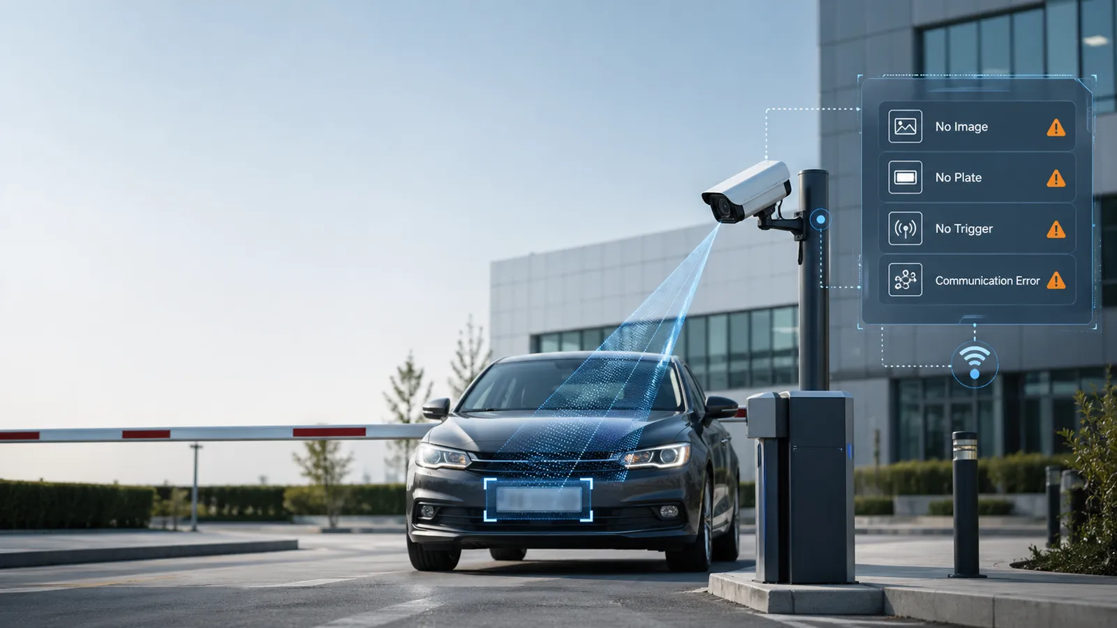 LPR camera scanning a car license plate at a parking lot barrier gate with diagnostic alerts for no image, no plate, no trigger, and communication error.