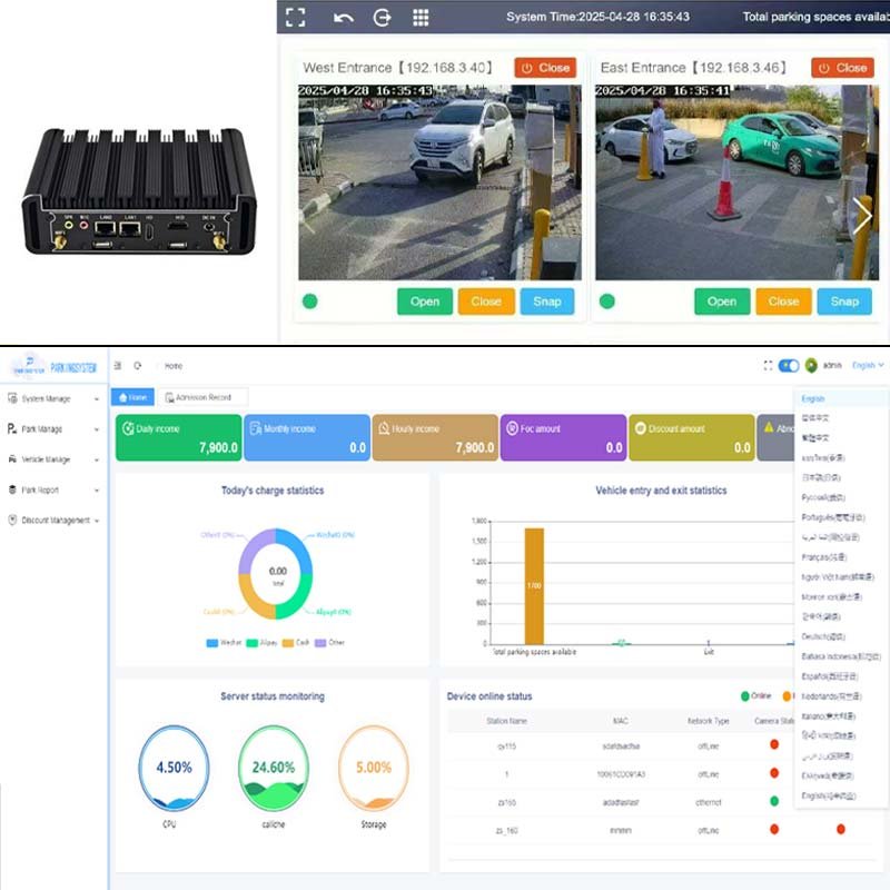 LPR parking management software interface with mini PC controller, live entrance camera views, parking statistics dashboard, and multilingual system menu