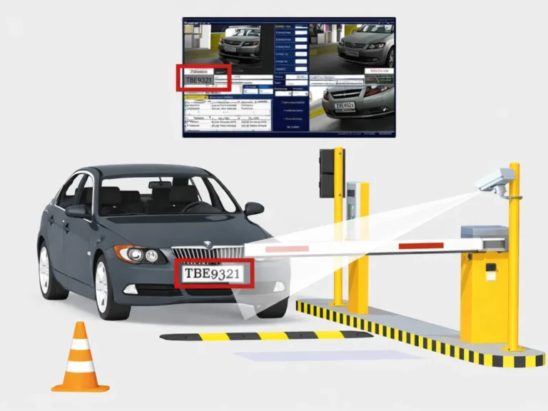License plate recognition parking system showing a car, barrier gate, LPR camera, and plate recognition screen