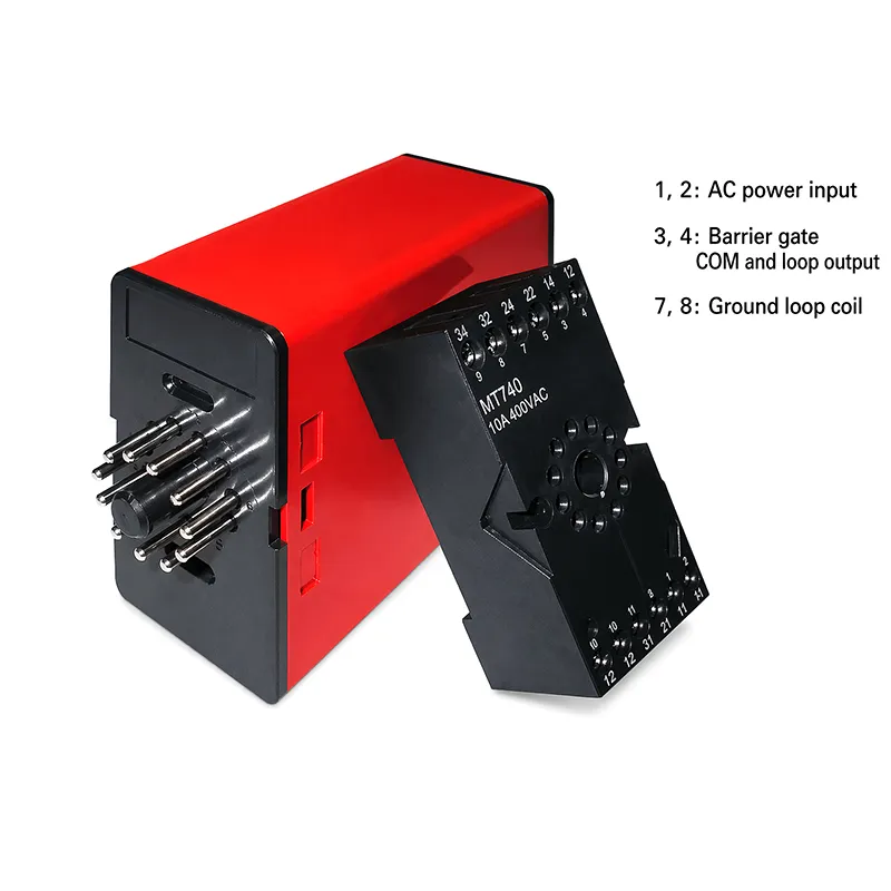 Red loop detector module with terminal connection labels for AC power input, barrier gate output, and ground loop coil wiring.