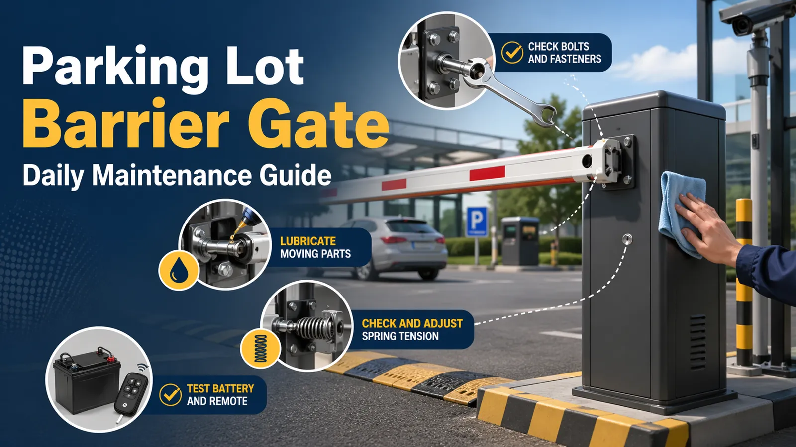 Infographic of a parking lot barrier gate daily maintenance guide showing bolt checks, lubrication, spring tension adjustment, cabinet cleaning, and battery and remote testing