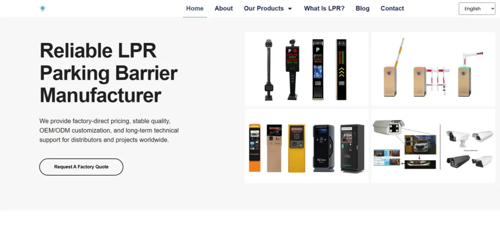Screenshot of the ShunjieBarrier homepage showing LPR parking barrier products and factory-direct manufacturer messaging.
