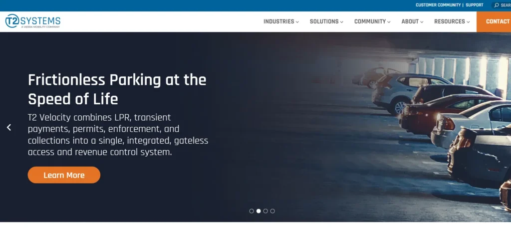 Screenshot of the T2 Systems page showing frictionless parking, LPR integration, and a parking lot background.