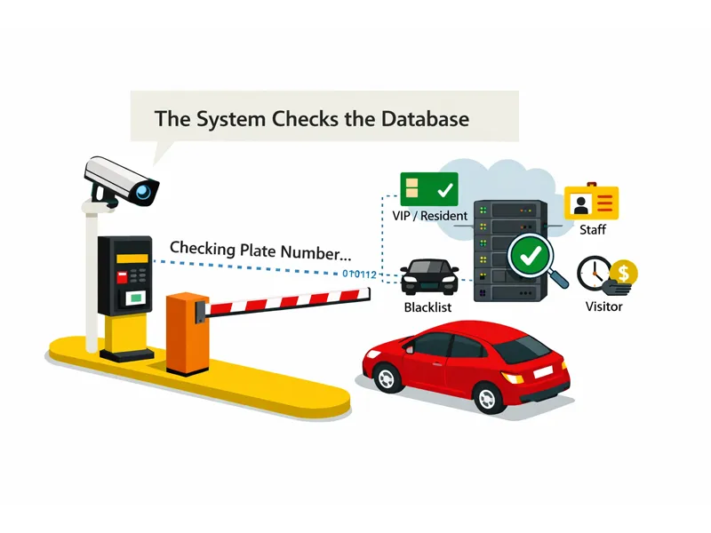 The parking system checks the recognized plate number against the database to identify vehicle status and access permissions.