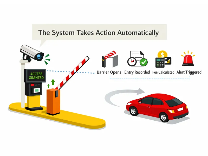 An LPR parking system automatically opens the barrier gate, records entry information, calculates fees, and manages access after plate verification.