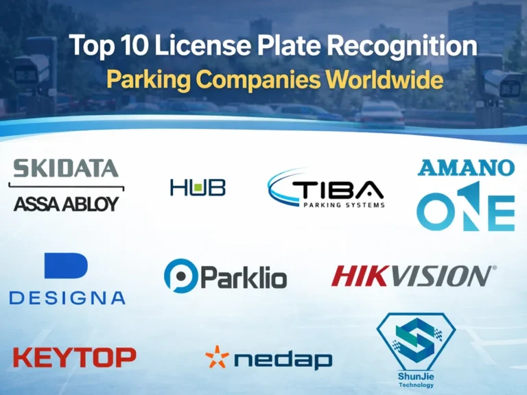 Top 10 license plate recognition parking companies worldwide featured image with LPR parking background and company logos including SKIDATA, HUB, TIBA, Amano, DESIGNA, Parklio, Hikvision, KEYTOP, Nedap, and Shunjie Technology