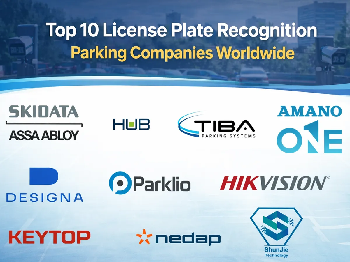 Top 10 license plate recognition parking companies worldwide featured image with LPR parking background and company logos including SKIDATA, HUB, TIBA, Amano, DESIGNA, Parklio, Hikvision, KEYTOP, Nedap, and Shunjie Technology