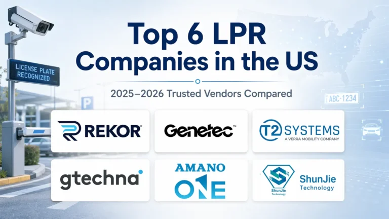 Featured image for a 2025–2026 U.S. LPR company comparison, showing Rekor, Genetec, T2 Systems, gtechna, Amano, and ShunJie Technology logos with an LPR camera and parking barrier.
