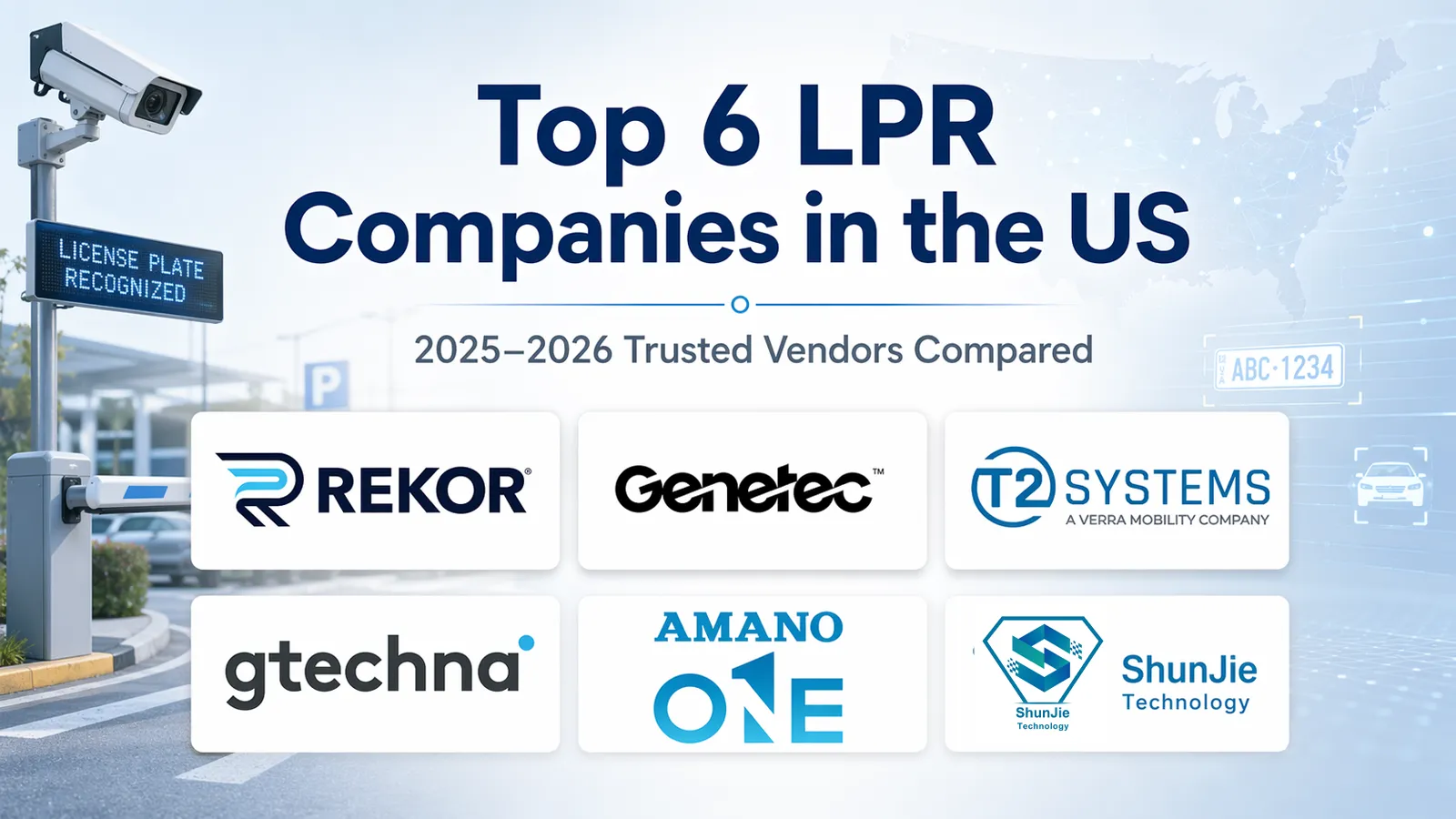 Featured image for a 2025–2026 U.S. LPR company comparison, showing Rekor, Genetec, T2 Systems, gtechna, Amano, and ShunJie Technology logos with an LPR camera and parking barrier.