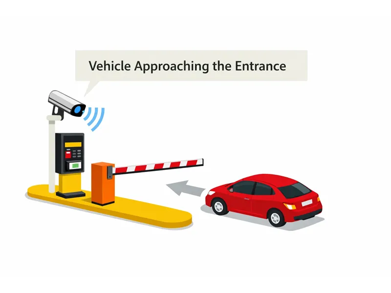 A red car approaches the parking entrance where an LPR camera, terminal, and barrier gate are installed.