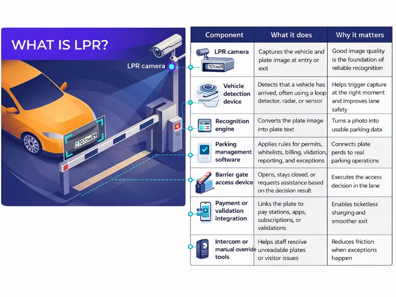 Illustration of a license plate recognition parking system showing an LPR camera reading a car plate at a barrier gate, with a chart of key LPR components.