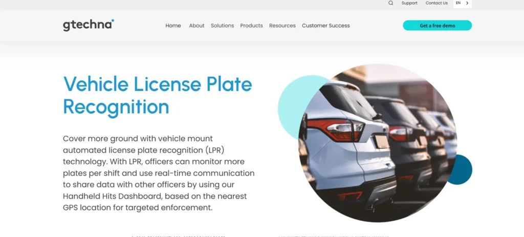 Screenshot of the gtechna vehicle license plate recognition page with a photo of parked cars and product introduction text.