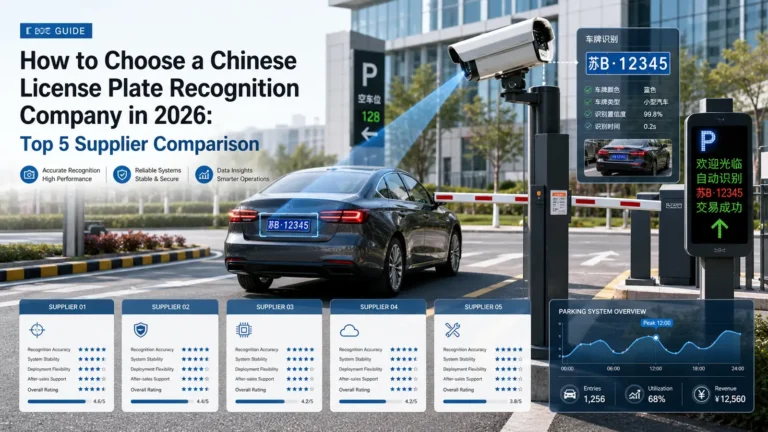 Chinese license plate recognition parking system with ANPR camera, barrier gate, and supplier comparison concept for 2026.