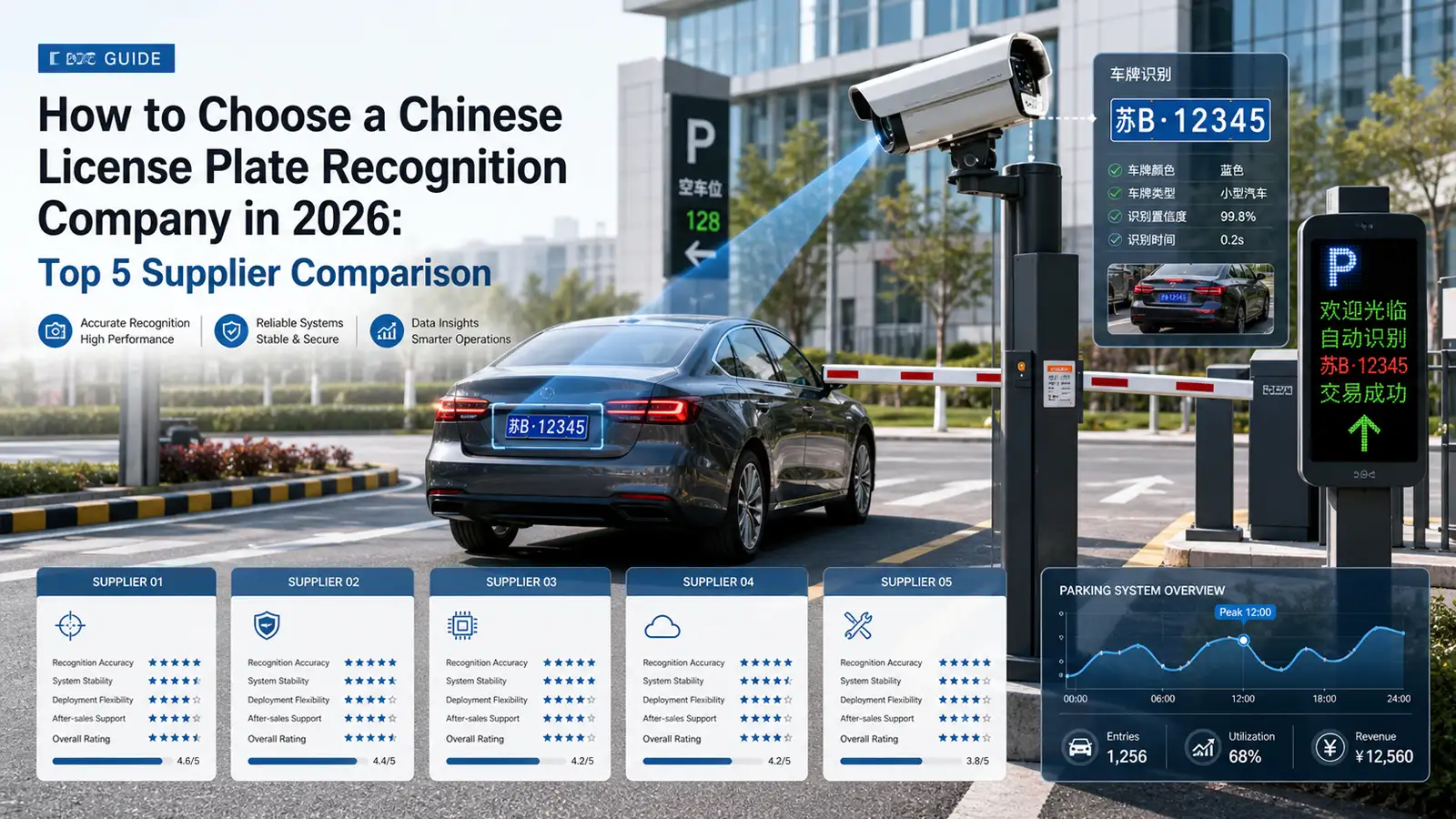 Chinese license plate recognition parking system with ANPR camera, barrier gate, and supplier comparison concept for 2026.