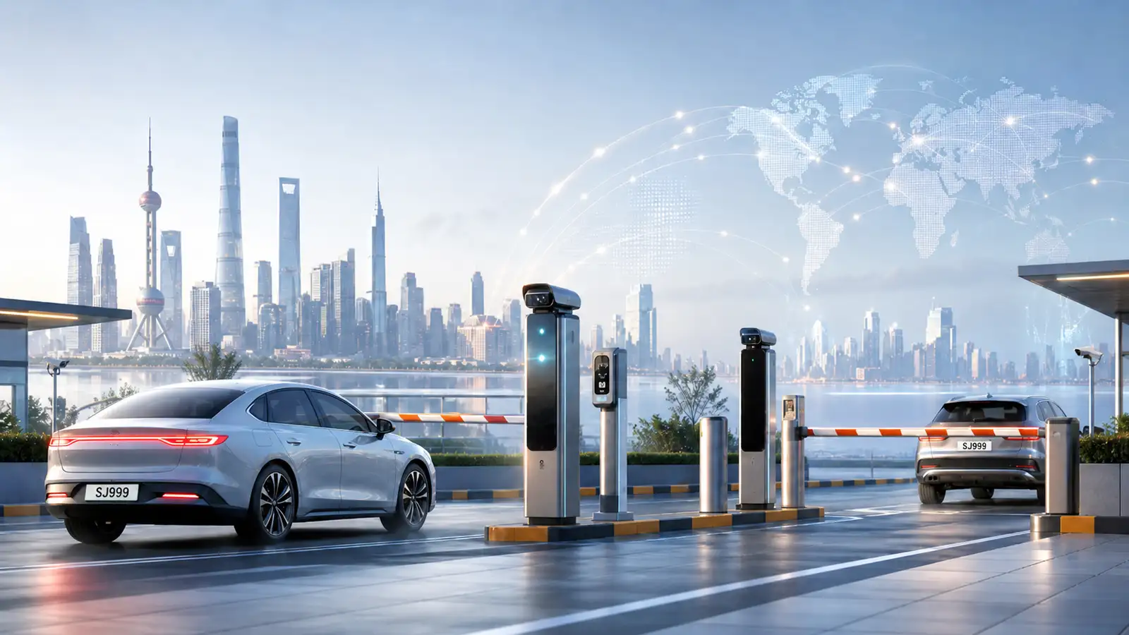 Smart parking entrance with LPR cameras, barrier gates, and global network concept representing Shunjie’s international LPR parking solutions inspired by China’s smart parking market.