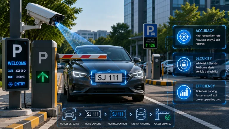 LPR camera scanning a car license plate SJ 111 at a smart parking entrance with barrier gate and digital parking management interface