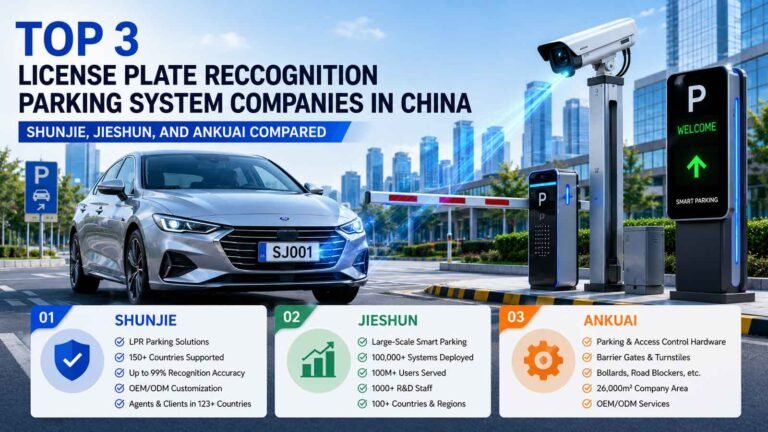 Comparison of three Chinese license plate recognition parking system companies with LPR camera, barrier gate, and smart parking entrance