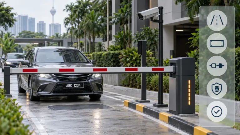 Malaysian parking entrance with an LPR camera, full-lane boom barrier, ABC 1234 plate and five procurement checklist icons.