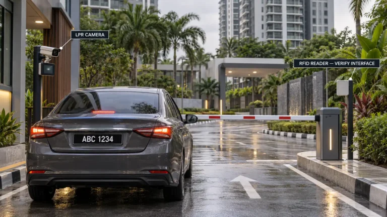 Fictional Malaysian condominium entrance with ABC 1234, a full-lane boom barrier, an LPR camera and a separately labelled RFID reader requiring interface verification.