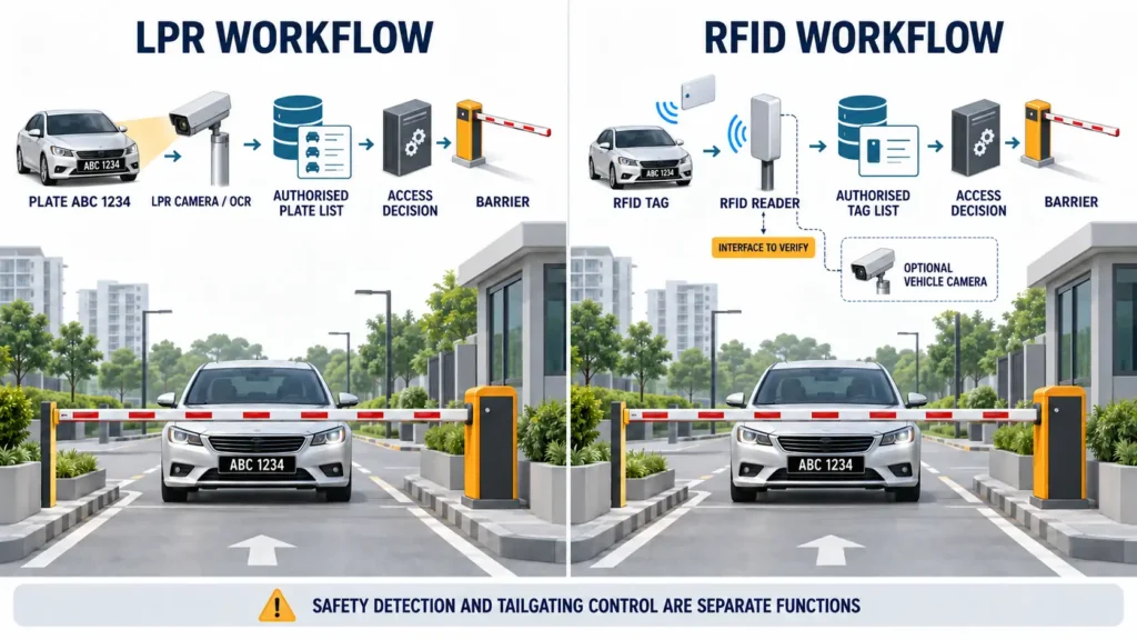 Side-by-side LPR and RFID condominium access workflows showing ABC 1234, authorised lists, access decisions, an optional vehicle camera and full-lane barriers.