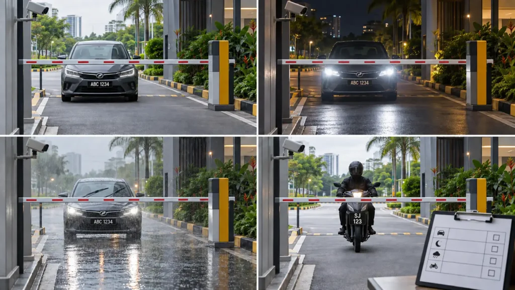 Four Malaysian LPR lane test scenes showing ABC 1234 in daylight, headlamp glare and rain, plus a motorcycle with the two-line plate SJ 123.