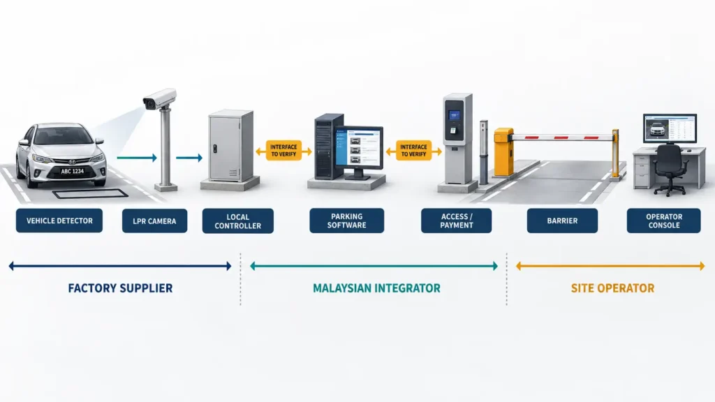 LPR data and control flow from vehicle detector to operator console across factory supplier, Malaysian integrator and site operator responsibilities.