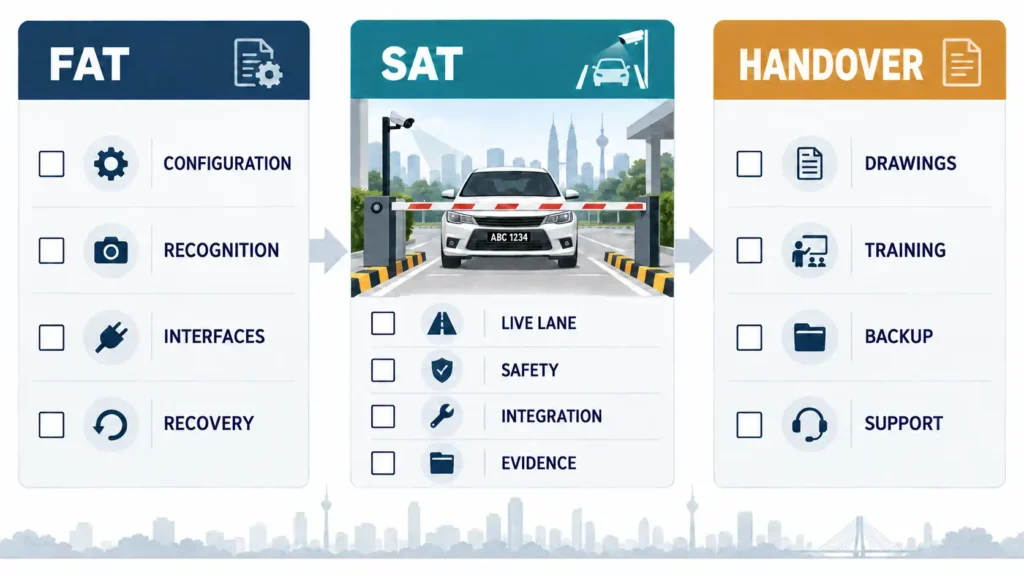 FAT, SAT and handover checklist panels covering configuration, recognition, live-lane safety, integration, evidence, drawings, training, backup and support.