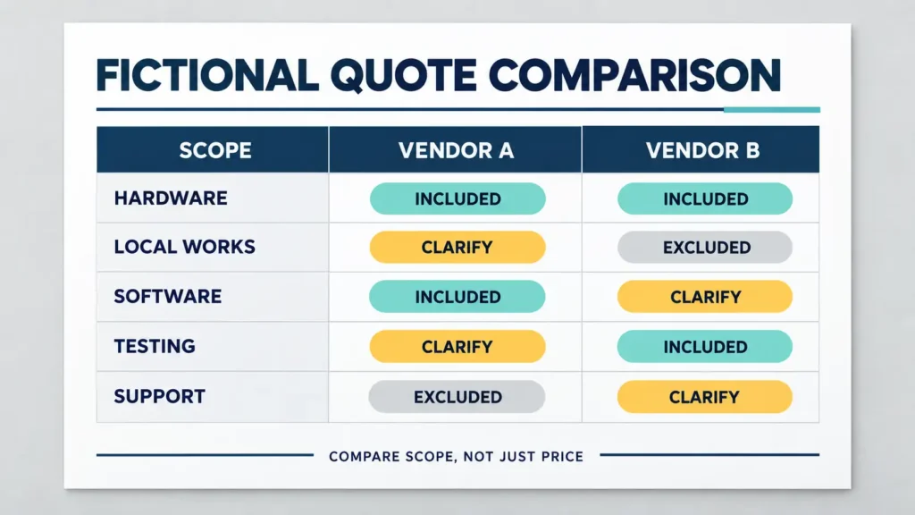 Fictional Vendor A and Vendor B table comparing hardware, local works, software, testing and support as included, excluded or requiring clarification.